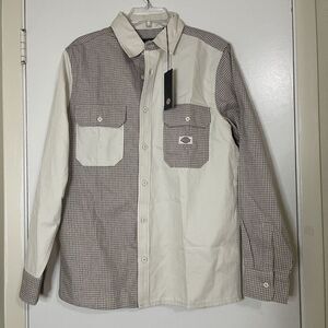 NEW! DICKIES Long sleeve plaid khaki tan button down heavy weight shirt medium